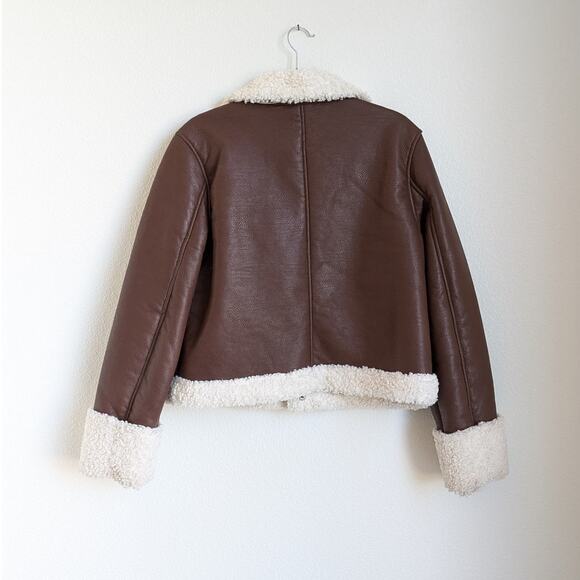 NA-KD Lisa & Lena Brown Aviator Teddy Faux Leather Button Jacket, sz EU 38/US 8 - Picture 3 of 13